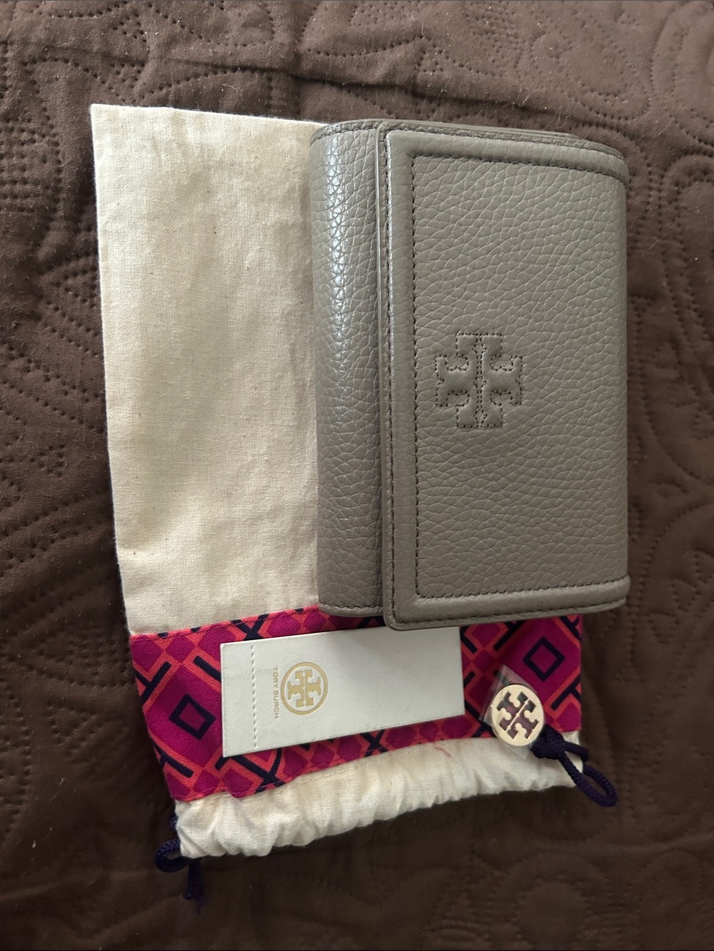Tory Burch Gray Pebbled Leather Trifold Wallet